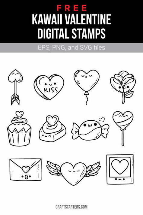 Kawaii Templates Free Printables, Valentines Kawaii, Kawaii Svg, Digital Stamps Free, Black And White Clip Art, Valentine Doodle, Kawaii Valentine, Kawaii Cat Drawing, Circuit Crafts