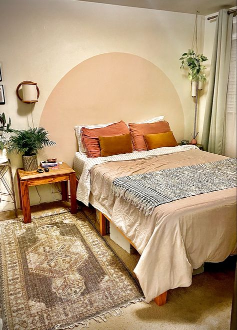 Painted Behind Bed, Circle Paint Behind Bed, Half Circle Behind Bed, Painted Half Circle Headboard, White Bed Colorful Room, Bed Painting Ideas Headboards, Circle Above Bed, Painted Circle Headboard, Painted Bed Headboard On Wall