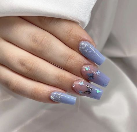 Blue Nails With Butterfly Design, Bluish Purple Nails, Purple Coffin Nails, Blue Butterfly Nails, Cutesy Nails, Soft Pink Nails, 2023 Nails, Light Blue Nails, Butterfly Nails