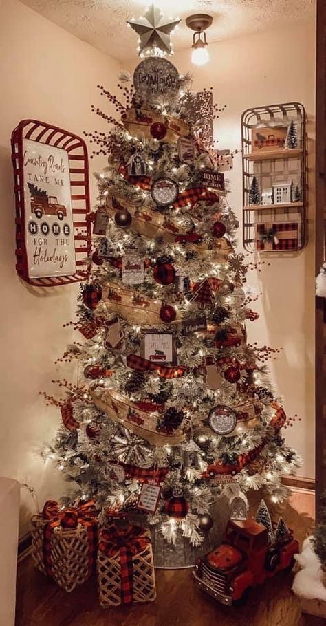 Christmas Red Truck Tree, Red Truck Christmas Tree Theme, Red Truck Christmas Tree, Christmas Tree Theme, Truck Christmas Tree, Tree Theme, 3d Wallpaper For Walls, Tree Inspiration, Red Truck Christmas