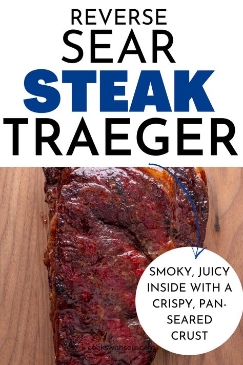 Our ribeye reverse sear steak has a smoky, tender inside with a crispy, pan-seared crust on the outside. This Traeger grill recipe can be adapted for various types of meat and smokers or grills. Steak Traeger, Reverse Sear Ribeye, Sear Steak, Reverse Sear Steak, Dry Aged Steak, Traeger Grill Recipes, Traeger Recipes, Perfect Steak, Seared Steak