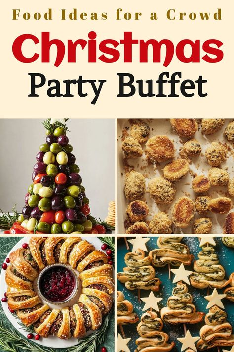 This image features food ideas for a Christmas party buffet, perfect for a crowd. Highlights include an elegant olive tower, crispy baked bites, a savory puff pastry wreath with cranberry dip, and spinach-filled pastry trees. These appetizers are ideal for creating a festive and crowd-pleasing holiday food spread! Christmas Work Party Ideas Food, Christmas Buffet Decorating Ideas, Christmas Morning Party Ideas, Christmas Staff Luncheon Ideas, Buffet Dinner Menu Ideas, Christmas Party Food For A Crowd, Christmas Menu For A Crowd, Christmas Morning Brunch Buffet, Christmas Meal For A Crowd