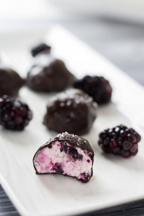 Frozen Blackberry Goat Cheese Chocolate Bombs Blackberry Goat Cheese, Blackberry Dessert, How To Freeze Blackberries, Frozen Cheesecake, Blackberry Recipes, Goat Cheese Recipes, Cakes And Cookies, Sweet Rolls, Cheesecake Bites