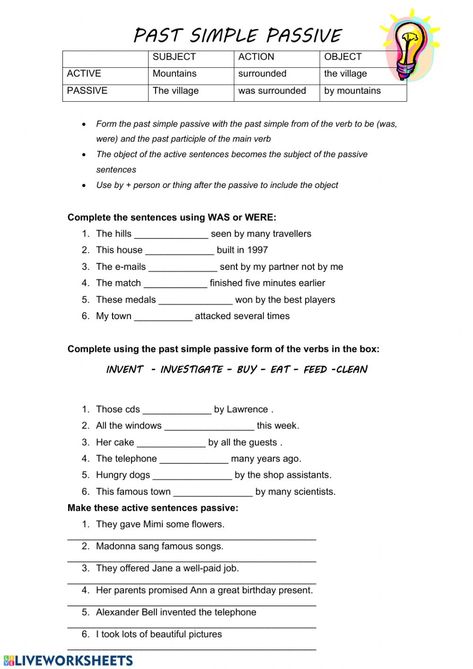 Present And Past Passive Worksheet, Passive Voice Past Simple Worksheet, Past Simple Passive Worksheet, Passive And Active Voice Worksheet, Past Passive Worksheet, Passive Voice Worksheet, British Vs American Words, Past Progressive, Study English Grammar