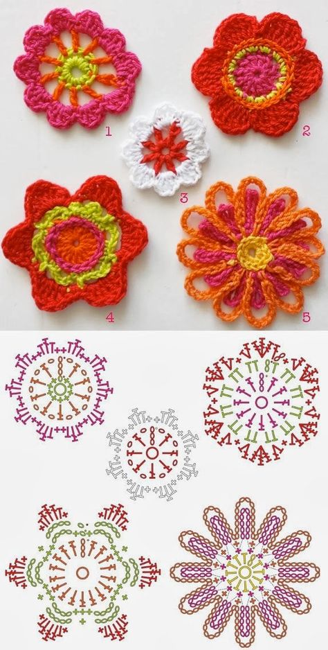 bloemen haken - crochet flowers Corak Krusye, Beau Crochet, Crochet Embellishments, Confection Au Crochet, Crocheted Flowers, Knitted Flowers, Freeform Crochet, Crochet Diy, Crochet Motifs