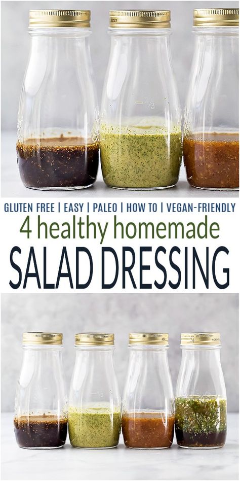 4 Healthy Homemade Salad Dressing that are quick and easy to make using simple ingredients. Everything from a classic balsamic dressing to a zesty cilantro lime  - each of these light dressings will brighten up an everyday salad. #joyfulhealthyeats #saladdressing #saladrecipes #vinaigrette #healthydressings #homemade #veganrecipes #glutenfreerecipes Healthy Homemade Salad Dressing Recipes, Healthy Homemade Salad Dressing, Everyday Salad, Light Salad Dressing, Easy Homemade Salad Dressing, Homemade Salad Dressings, Honey Balsamic Dressing, Homemade Salad Dressing Healthy, Vinaigrette Dressing Recipe