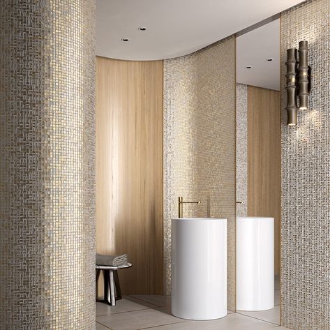 Sicis Ragtime Keith mosaics radiate on curved walls. Sicis Mosaic, Curved Wall, Instagram Add, Mosaic Bathroom, Curved Walls, Toilet Design, Italian Design, Luxury Homes, Oasis