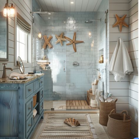 Beach Shack Bathroom, Seashell Decor Ideas, Rustic Beach Bathroom, Beach Bathroom Ideas, Beach Cottage Bathroom, White Modern Kitchen Ideas, Beach Theme Bathroom Decor, Boho Beach House, Hamptons Style Homes