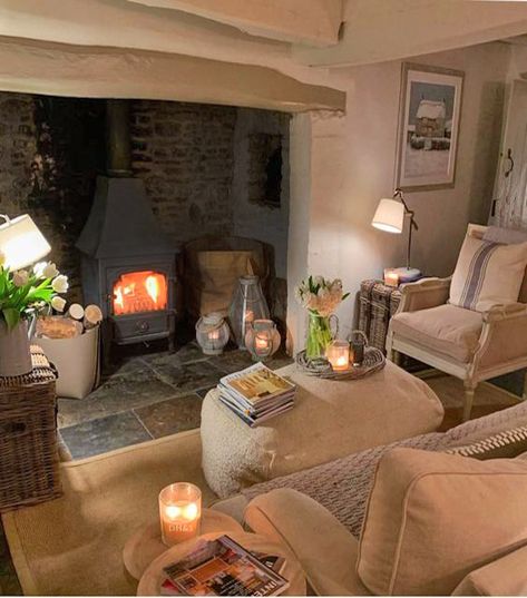 Cosy Cottage Living Room, Room Dividing, Cottage Lounge, Stove Ideas, English Cottage Interiors, Cottage Fireplace, Country Cottage Interiors, Cottage Rustic, English Cottages