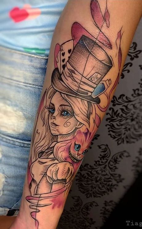 100 Alice in Wonderland Tattoos You'll Need to See - Tattoo Me Now Alice In Wonderland Tattoo Sleeve, Alice In Wonderland Tattoos, Mad Hatter Tattoo, Alice And Wonderland Tattoos, See Tattoo, Wonderland Tattoo, Theme Tattoo, Tatuaje A Color, Cute Tattoos For Women