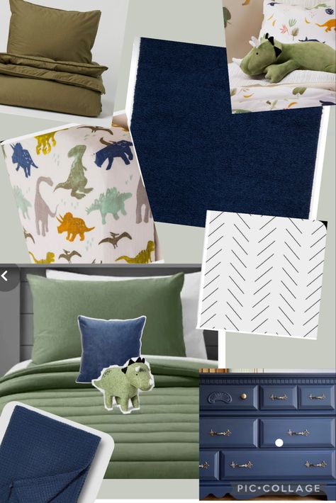 Green And Blue Dinosaur Room, Navy Blue Dinosaur Room, Navy Dinosaur Bedroom, Dinosaur Big Boy Room, Big Boy Dinosaur Bedroom, Preschool Boy Bedroom Ideas, Navy Blue Toddler Boy Room, Blue Dinosaur Room, Light Green Boys Room