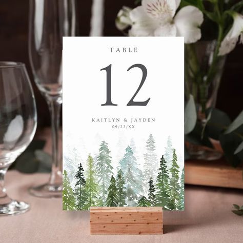 The Watercolor Pine Tree Forest Wedding Collection Table Number Birch Table Number, Pine Tree Bridal Shower Ideas, Forest Green And White Wedding, Watercolor Pine Tree, Wedding Invitation Message, Pine Tree Forest, Prom Themes, Pine Trees Forest, Wedding Table Number Cards