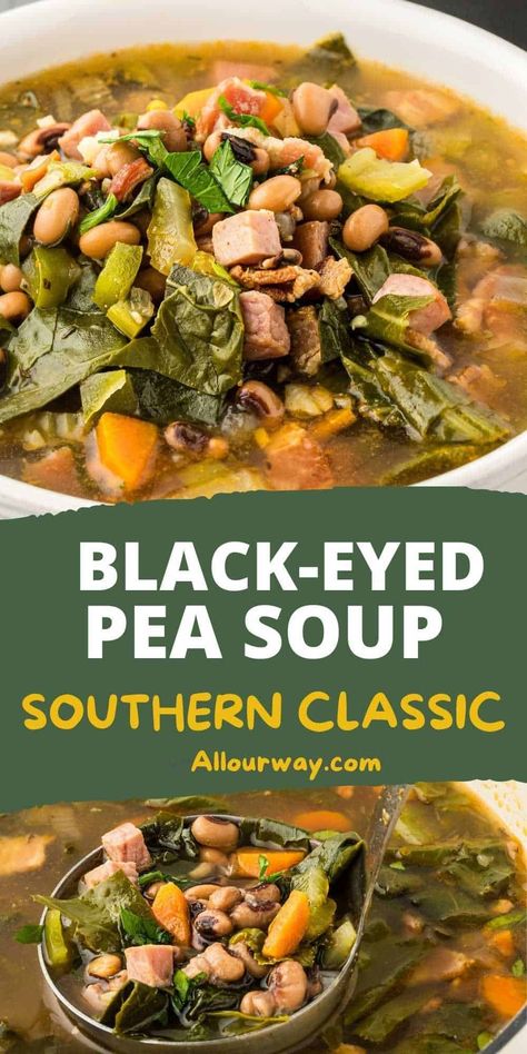 A Pinterest Collage with title overlay featuring two images of the blackeye peas soup recipe in a white bowl and Dutch oven. Blackeyed Pea Soup, Blackeyed Pea Recipes, Black Eyed Pea Soup, Veal Stew, Warm Soup Recipes, French Soup, Pea Soup, Soup And Stew, Hot Soup