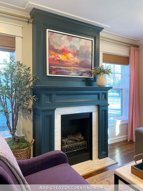 Fireplace Mantle With Windows On Each Side, Windows Framing Fireplace, Fireplaces In Living Rooms, Paint Mantle Ideas, Judges Paneling Fireplace, Pop Of Color Fireplace, Fireplace Mantle Styles, Statement Fireplace Ideas, Colorful Fireplace Decor