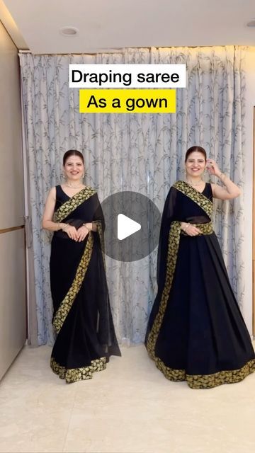 Heena Gehani on Instagram: "Try this new and unique drape and look stylish yet elegant,

This beautiful black saree with golden border is from @tusha_designs 

Check their page @tusha_designs for more such amazing collection." Golden Saree Look, Black Saree With Golden Border, Black Saree Designs, Dupatta Draping, Saree Looks, Saree Drape, Golden Saree, Golden Border, Drape Saree