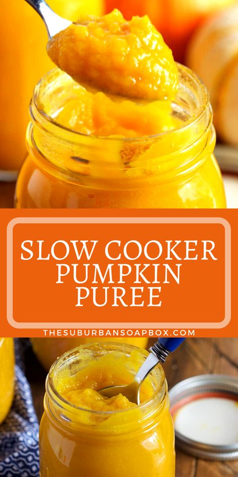 Skip the canned stuff and make your own Homemade Pumpkin Puree! Slow Cooker Pumpkin Puree is as simple as it gets. Just one ingredient, no chemicals, preservatives or other stuff you can’t pronounce. Just pure, natural pumpkin perfect for your pies. Jar Desserts, Pumpkin Puree Recipes, Pumpkin Dishes, Crockpot Pulled Pork, Slow Cooker Pumpkin, Homemade Pumpkin Puree, Healthy Pumpkin, Farm Stand, Crockpot Meals