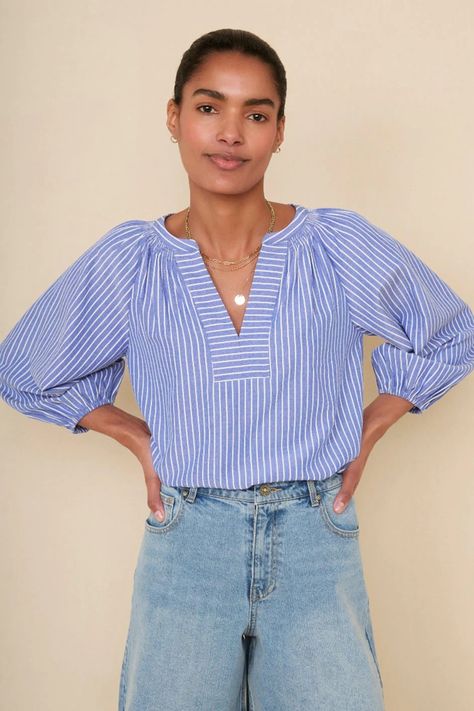 Frill Shirt, 2024 Inspiration, Cropped Linen Trousers, Pattern Outfits, Raglan Sleeve Top, Cute Casual Dresses, Scalloped Shorts, Blue Striped Shirt, Scallop Hem