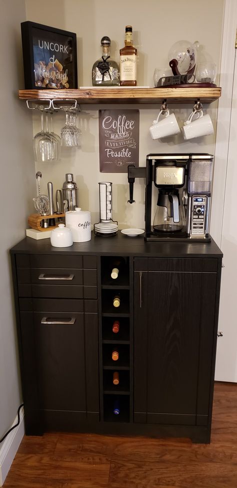 Coffee Wine Bar Floating Shelves, Small Corner Wine Bar Ideas, Coffee And Wine Corner Ideas, Modern Diy Coffee Bar, Small Space Wine Bar, Small Desk Coffee Bar, Coffee Wine Nook, Coffee Bar With Wine Rack, Coffee Wine Bar Cabinet