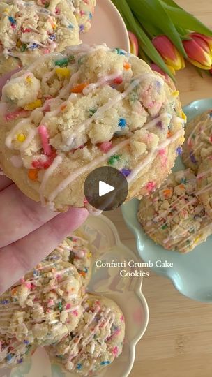 8.1K views · 2.1K reactions | 🎉💕CONFETTI CRUMB CAKE COOKIES are cheerful cookies with white chocolate chunks, rainbow sprinkles and confetti crumb topping. I added a drizzle of pale pink icing and a pinch of fairy dust✨

🎉 These fun cookies are perfect for birthdays, Easter or any celebration 

💕RECIPE 💕

🎉 CRUMB TOPPING
3/4 cup (96g) AP flour
7 tbsp (87g) sugar
1/8 tsp fine sea salt 
4 1/2 tbsp (64g) cold unsalted butter, cubed
1 tbsp rainbow sprinkles

🎉 In a medium bowl, whisk together the flour, sugar and salt. Work the butter into the flour mixture with your fingertips until it looks like sand with no large pieces of butter. Stir in the sprinkles. Press the mixture together to form chunks. Set aside in the refrigerator while you make the cookie dough

🎉 COOKIES
2 cups (255g) A Confetti Crumb Cake Cookies, Brownie Mischief, Sprinkle Cookies Recipe, Cookies With White Chocolate, Summer Baking, Confetti Cake, Pink Icing, Sprinkle Cookies, Crumb Cake