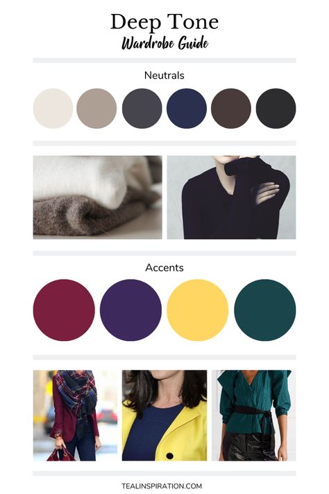 Welcome to Part 2 of my wardrobe guides series. In this post, I’ve put together an inspirational wardrobe guide for each tonal category. These are basic guides for Light, Deep, Warm, Cool, Cl… Deep Tonal Color Palette, Deep Winter Inspiration, Deep Winter Outfits For Summer, Deep Winter Outfits, Pani Zima, Deep Winter Palette Outfits, Color Analysis Winter, Wardrobe Color Guide, Winter Skin Tone