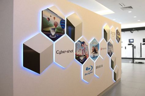 Interesting back-lit wall signage for SONY Creative Office Interior Design Ideas, Exhibit Wall Design, Interactive Wall Design Office, Branding Wall Design Offices, Office Foyer Design, Interactive Office Wall, Wall Branding Ideas, Wall Signage Design, Exhibition Wall Design