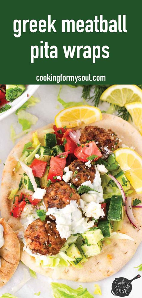 Greek Meatball Pita Wraps! Soft and fluffy Greek pita bread with greek-style meatballs, tzatziki, tomato cucumber salad, and lots of other toppings. These Greek meatball pita wraps are incredible. Meatball Pita, Tzatziki Pita Wrap, Greek Meatballs With Tzatziki Sauce, Greek Wraps Chicken Tzatziki Sauce, Greek Turkey Meatball Gyro With Tzatziki, Greek Meatballs Recipe, Greek Pita Bread, Pita Wrap, Greek Pita