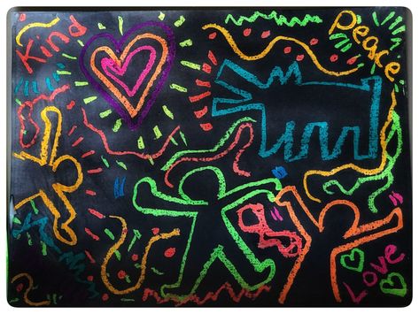 Glow Art Projects, Black Light Art Projects, Neon Art Projects For Kids, Neon Art Projects, Oil Pastel Art On Black Paper, Black Light Art Projects For Kids, Keith Haring Art Projects For Kids, Glow Gallery, Neon Pop Art