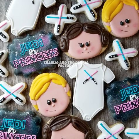 May the force be strong with this little one!!! Star Wars gender reveal cookies!!! 💙🌌💗🌌💙🌌💗🌌💙🌌💗🌌💙🌌💗 #charlieandthecookiefactory… Gender Reveal Ideas For Party Theme Disney, Lightsaber Gender Reveal, Jedi Or Princess Gender Reveal, Gender Reveal Ideas Star Wars, Star Wars Gender Reveal Decorations, Starwars Gender Reveal, Star Wars Baby Shower Cookies, Star Wars Gender Reveal Cookies, Star Wars Gender Reveal