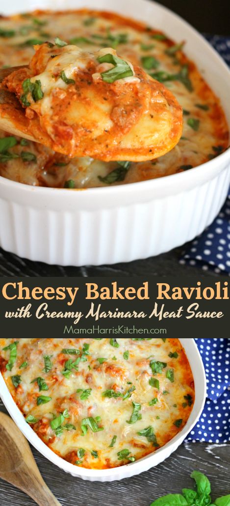 Cheesy Baked Ravioli with Creamy Marinara Meat Sauce Ravioli And Meat Sauce, Marinara Meat Sauce, Baked Ravioli Recipe, Feast Recipes, Baked Ravioli, Winter Lunch, Ravioli Bake, Future Chef, Meat Sauce Recipes