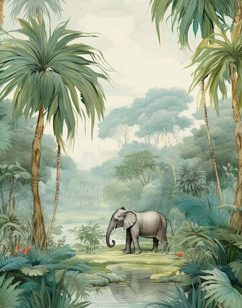 Tropical Theme Wallpaper, Jungle Animals Illustration, Jungle Artwork, Jungle Background, Elephant Watercolor, Jungle Painting, Jungle Mural, Tropical Poster, Elephant Pictures