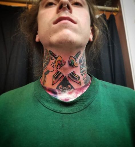 Trad Throat Tattoo, Traditional Throat Tattoo, Throat Tattoo, Dagger Tattoo, Body Mods, Tatting, Tattoos, Instagram, Art