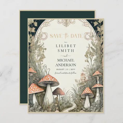 Fairycore Save the Date Goblincore Mushrooms | Zazzle Enchanted Invitations Ideas, Marriage Embroidery, Wedding Invitations Fairytale, Enchanted Forest Wedding Invitations, Fairycore Wedding, Fairytale Invitation, Forest Invitation, Mushrooms Forest, Fairytale Wedding Theme