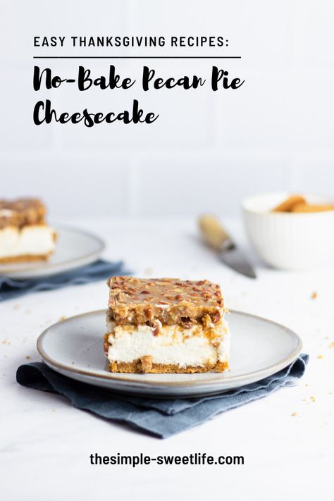 These easy no-bake pecan pie cheesecake bars are the one dessert you need at your table this Thanksgiving. With a crisp caramel and pecan topping, a tangy cheesecake filling and a spicy gingersnap crust, this recipe is every bit as delicious as it is a snap to make! #cheesecake #pecanpie #cakerecipes Pecan Cheesecake Recipes, Pecan Pie Cheesecake Bars, Make Cheesecake, Pecan Topping, Pecan Pie Cheesecake, Pecan Cheesecake, Gingersnap Crust, Pie Cheesecake, Pecan Pie Bars