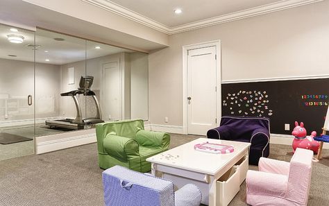 Keep an eye on the kids while you workout in the home gym Gym Playroom Combo, Home Gym And Playroom Combo, Basement Kids Playroom, Gym Playroom, Basement Kids, Basement Finishing Systems, Basement Home Gym, Basement Gym Ideas, Kids Playroom Ideas