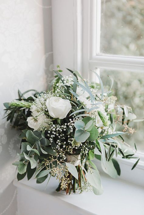 wild and natural bouquet in soft, elegant tones of cream and white, with highlights of green eucalyptus.  Images by Jennifer Jane Photography #weddingflorist #weddingflowers #weddingbouquet #bridebouquet #bouquet #blooms Green White Cream Wedding, Cream Green Wedding, Green And Cream Wedding Bouquet, Cream And White Wedding Flowers, Green And Cream Wedding Flowers, White Cream Green Wedding Flowers, White And Cream Wedding Bouquet, White And Eucalyptus Bouquet, Wedding Bouquets Cream And Green