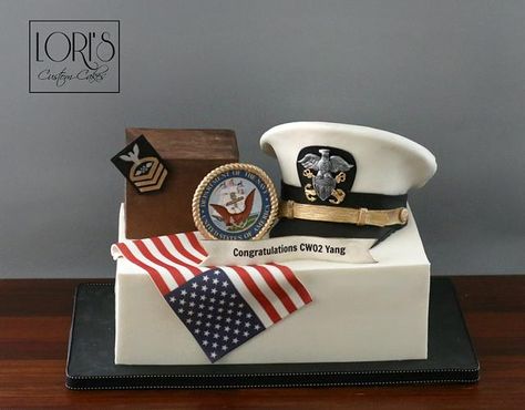 Navy pride  - cake by Lori Mahoney (Lori's Custom Cakes) Navy Officer Cake, Promotion Cake, Retirement Party Centerpieces, Pride Cake, Navy Cakes, Navy Retirement, Sculpted Cake, Military Cake, Navy Party