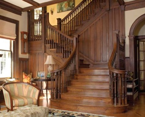 Dark Wooden Staircase, Grand Wooden Staircase, Wood Panel Staircase, Wood Panel Staircase Wall, Dark Oak Staircase, Dark Wood Staircase, John Pork, Stunning Staircases, Craftsman Staircase