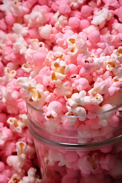 Bowl of pink popcorn, fluffy and inviting, set against a soft background. Pink Popcorn Aesthetic, Pink Popcorn, White Popcorn, Collage Pics, Nostalgia Core, Pink Foods, Phone Theme, Pink Lady, Pink Vibes