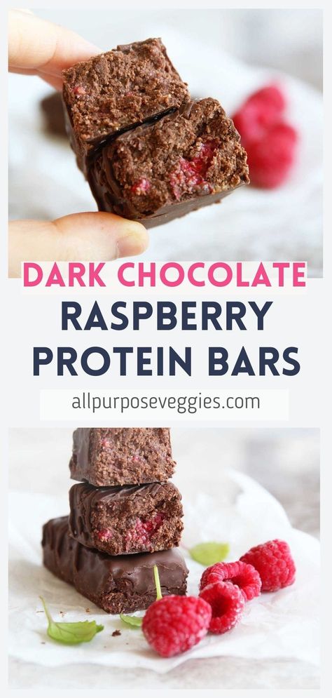 If you need something luxurious and chocolatey but trying to keep it low on sugar and calories, this dark chocolate raspberry protein bars recipe is for you. The chocolate protein powder and fresh raspberry combination is an indulgent pairing that works together to form a soft, almost cakey brownie-like texture! #proteinbars #proteinsnacks #nutritionbars #energybars #chocolaterecipes Raspberry Protein Balls, Protein Bars Recipe, Gf Snacks, Dark Chocolate Raspberry, Bar Desserts, Raspberry Bars, Protein Bars Homemade, Protein Mix, Protein Bar Recipes