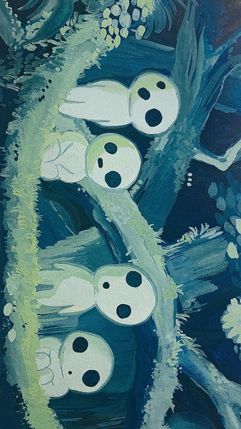 Studio Jibli Art, Studio Ghibli Spirits, Princess Mononoke Watercolor, Painting Ideas On Canvas Studio Ghibli, Studio Ghibli Art Painting, Soot Sprite Painting, Gibli Painting Idea, Painting Ideas Studio Ghibli, Studio Ghibli Forest Spirit