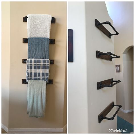 We loved our wooden blanket ladder but we wanted one more permanent. We attached wood pieces to the wall with dry wall anchors than attached the pipe directly to the wood. This prevented bigger holes in the wall from the flange attachment. We used 1/2 inch size piping, flange and elbow, 4.5 in pipe on the side and 18 in for the front pipe. #pipes #pipeladder #pipeshelves #homedecor #blanketladder #blanketstorage #piping #industrial #industrialdecor #industriallivingroom Diy Wall Mounted Blanket Holder, Metal Blanket Ladder On Wall, Diy Blanket Rack For Wall, Ways To Hang Blanket On Wall, Wall Mounted Blanket Ladder, Blanket Rack On Wall, Blanket Hanger On Wall, Wall Blanket Storage, Blanket Wall Rack Diy