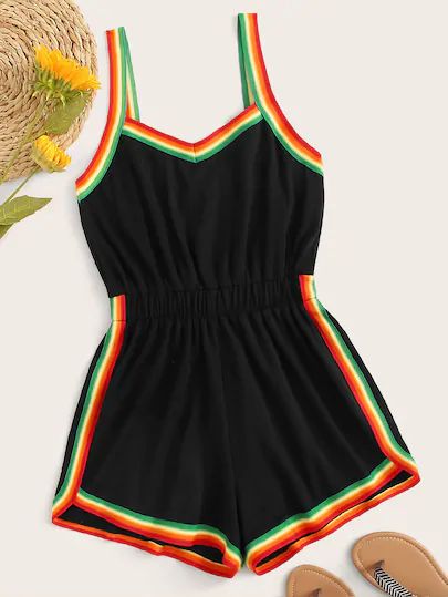 Product name: Rainbow Striped Tape Panel Cami Romper at SHEIN, Category: Jumpsuits Rasta Outfit Women, Rasta Outfit, Cami Romper, Plus Size Romper, Curvy Plus Size, Plus Size Jumpsuit, Short Jumpsuit, Rainbow Stripes, Rompers Women