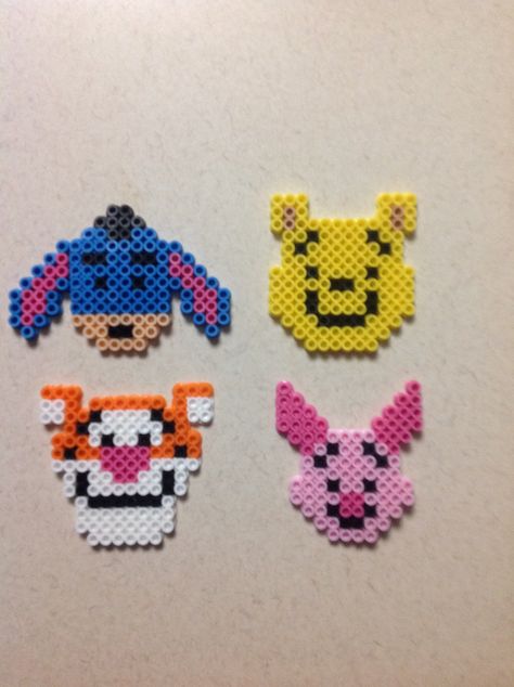 Winnie the Pooh, Eeyore, Tigger, and Piglet. Perler Bead Eeyore, Piglet Perler Beads, Tigger Perler Beads, Eeyore Perler Beads Pattern, Winnie The Pooh Perler Bead Patterns, Winnie The Pooh Perler Beads, Diy Winnie The Pooh, Beads Craft Kids, Tigger And Piglet