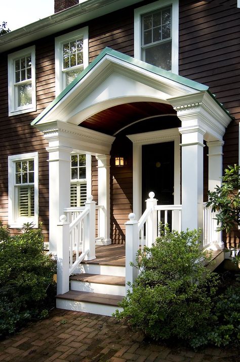 Colonial House Front Door, Portico Entry, Front Door Overhang, Porch Overhang, Door Overhang, Portico Design, Building A Porch, Porch Roof, Front Porch Design