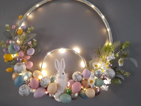 Creative Sharing Group by Hammons Nest | After the success of my Christmas hoops,might as well make an Easter one🤣I also painted then decoupaged some rabbits on some of the baubles | Facebook Spring Crafts, Easter Crafts, Rabbits, Hoop Wreath, Wreath, Easter, Christmas