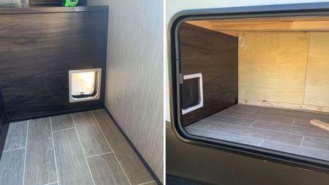 Where to Put the Cat Litter Box in an RV *Creative Locations* Litter Box Rv Ideas, Cat Litter Box In Travel Trailer, Cat Litter Box In Camper, Litter Box In Camper, Camper Cat Ideas, Camper With Cats, Camper Catio, Cat Rv Living, Rv Living With Pets