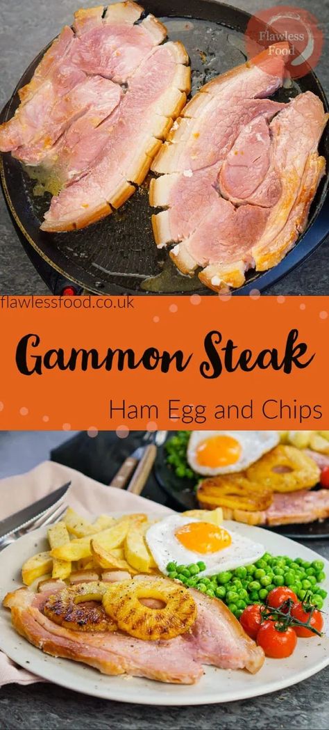 Traditional British pub food recipe of gammon egg and chips makes a great filling hardy meal. Gammon steak served with egg, chips, pineapple, tomatoes and peas. The best way to cook gammon steaks is to fry in a pan. Alternatively, use a thick slices of precooked smoked ham instead for ham egg and chips, perfect for our US viewers trying to create this English dish! Gammon Dinner Ideas, Gammon Steak Recipes, Ham Egg And Chips, Egg And Chips, How To Cook Gammon, Egg Chips, Gammon Steak, Hardy Meals, Gammon Recipes