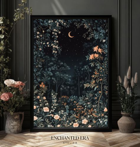 Elegant William Morris style print of a night in the forest with lush flowers and plants. The crescent moon is rising. A homage to William Morris' distinct style mixed with the ethereal beauty of dark cottagecore art. THIS IS A PHYSICAL PRINT THAT WILL BE SHIPPED TO YOU. ------------------------------------------------------------------------ Printed on thick and long-lasting matte (uncoated) museum quality paper. - Paper weight: 200 gsm / 80 lb *THE FRAMES ARE NOT INCLUDED.* If you have any que Insect Wall Art, Flower Bedroom Ideas, Moon Room Decor, Witchy House Decor, Dark Boho Decor, Dark Cottagecore Art, Moody Maximalist, Dark Academia Home Decor, Whimsigoth Decor