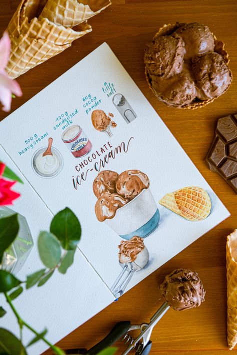 Dessert Recipes Drawing, Recipe Book Photography, Culinary Arts Recipes, Scrapbook Recipe Book, Cream Illustration, Homemade Recipe Books, Recipe Book Design, Watercolor Food Illustration, Kitchen Witch Recipes