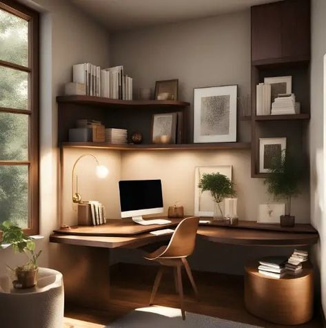 Corner Desks Ideas for Home Offices: The Best Options 8 Corner Home Office Desk, Home Office With Corner Desk Ideas, Corner Desk And Shelving, Small Living Room Ideas Apartment With Computer Desk, Office Decor Corner Desk, Desk And Library Work Spaces, Computer Desk Corner, Angle Desk Ideas, Office Nook Ideas Small Workspace Corner Desk